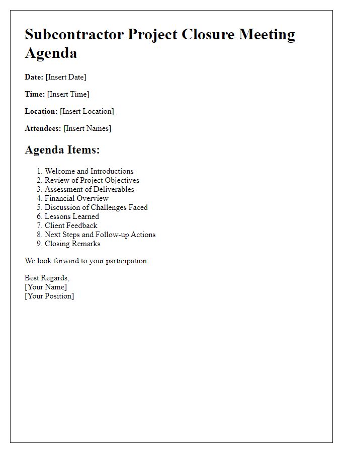 Letter template of subcontractor project closure meeting agenda