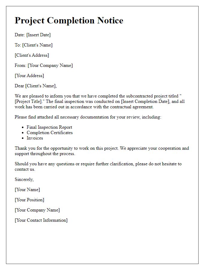 Letter template of subcontractor project completion notice