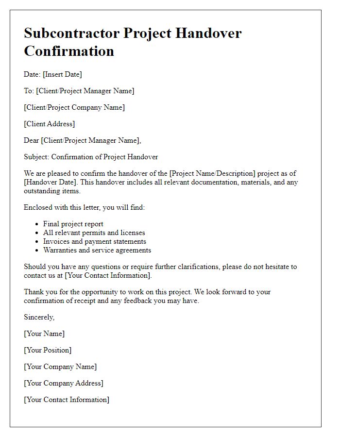 Letter template of subcontractor project handover confirmation