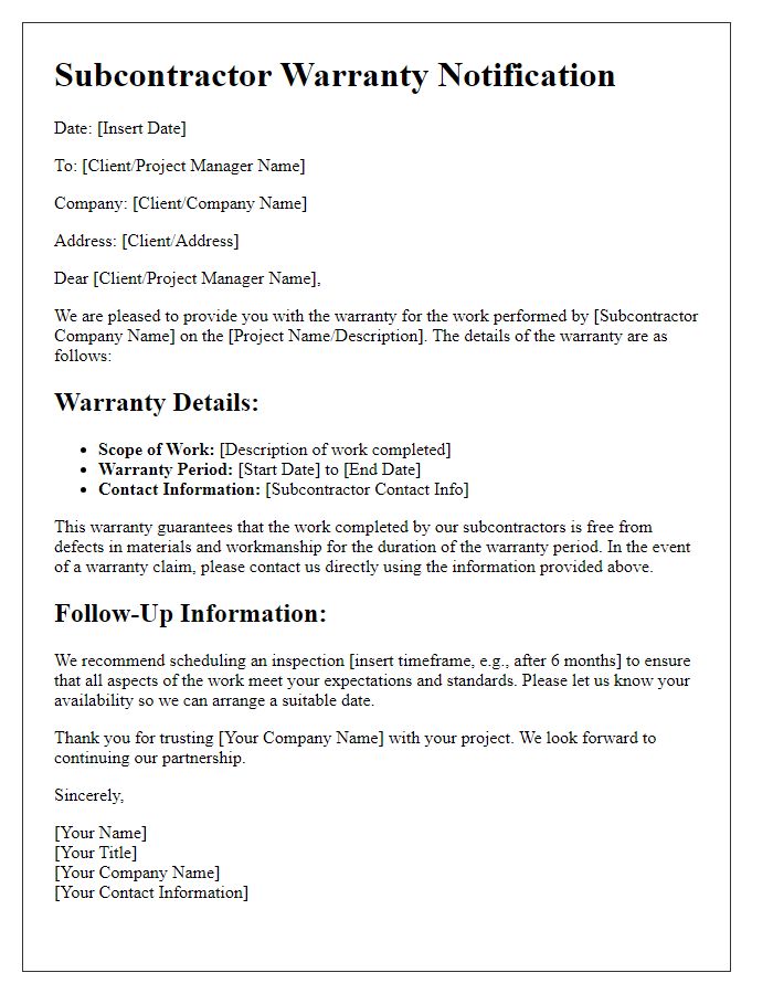Letter template of subcontractor warranty and follow-up information