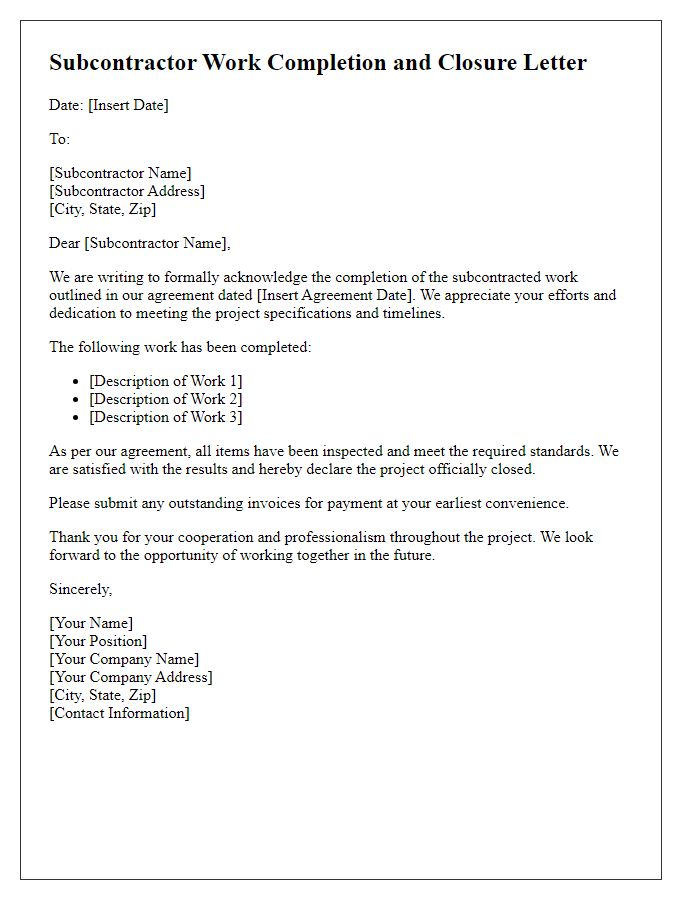 Letter template of subcontractor work completion and closure