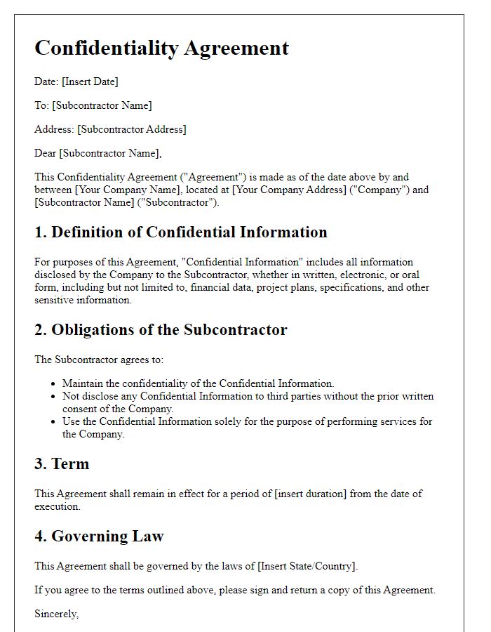 Letter template of subcontractor confidentiality agreement