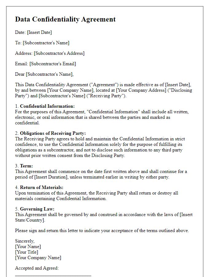 Letter template of subcontractor data confidentiality agreement