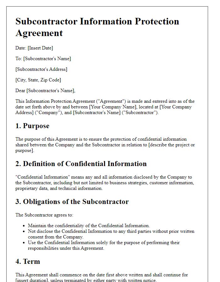 Letter template of subcontractor information protection agreement