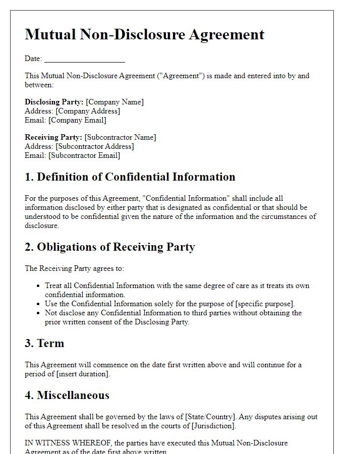 Letter template of subcontractor mutual non-disclosure agreement