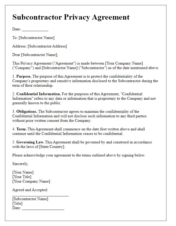 Letter template of subcontractor privacy agreement