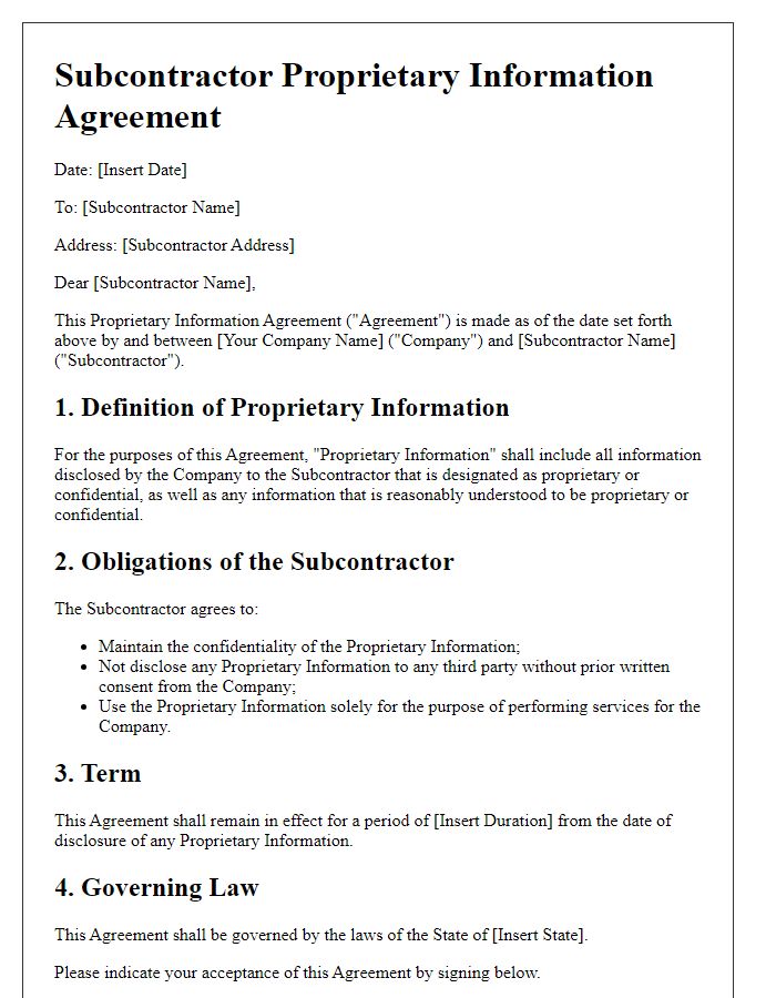 Letter template of subcontractor proprietary information agreement