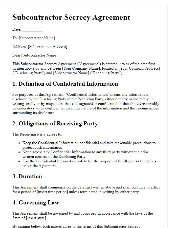 Letter template of subcontractor secrecy agreement