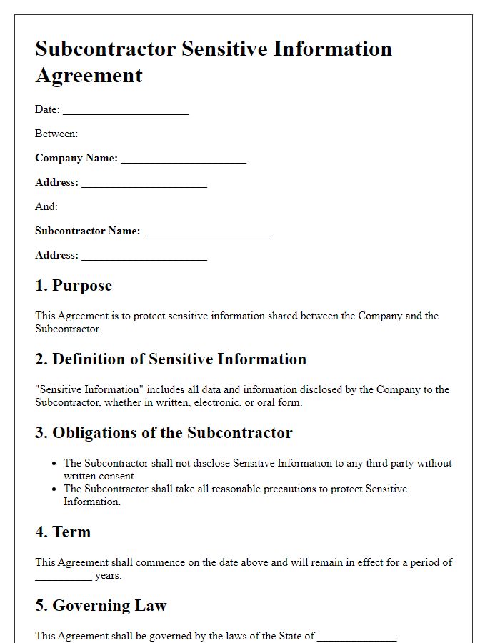 Letter template of subcontractor sensitive information agreement