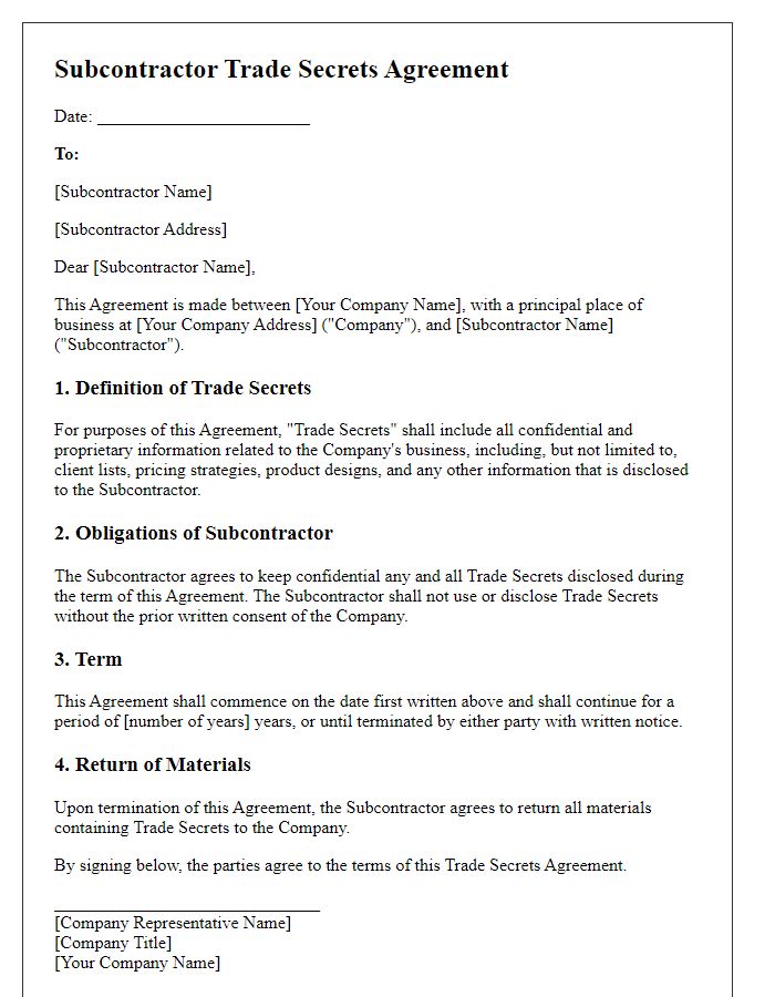 Letter template of subcontractor trade secrets agreement