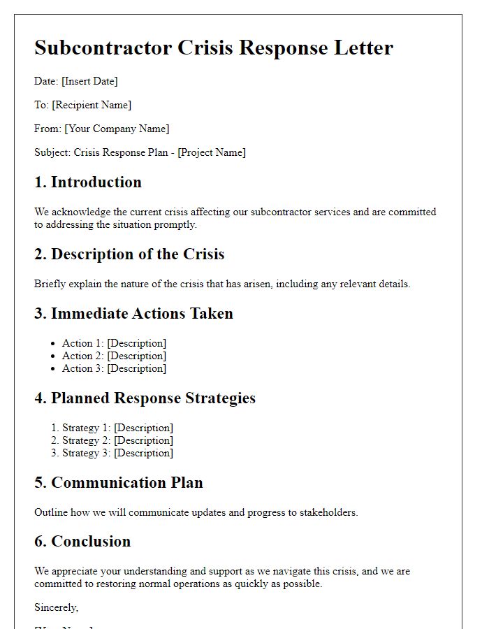 Letter template of subcontractor crisis response outline