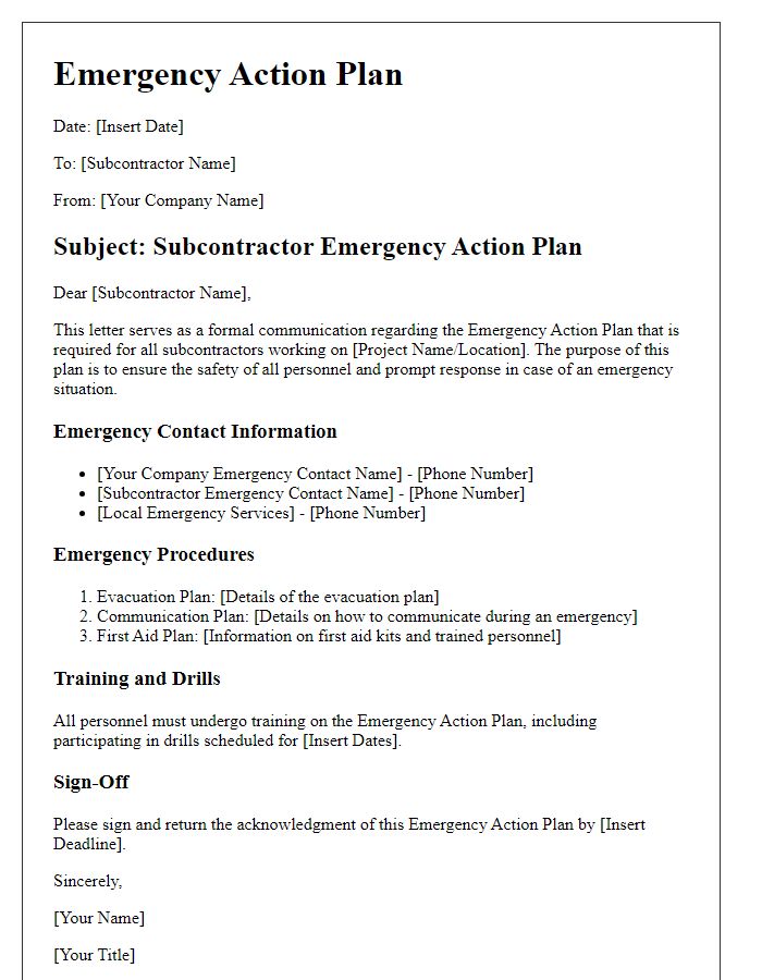 Letter template of subcontractor emergency action plan