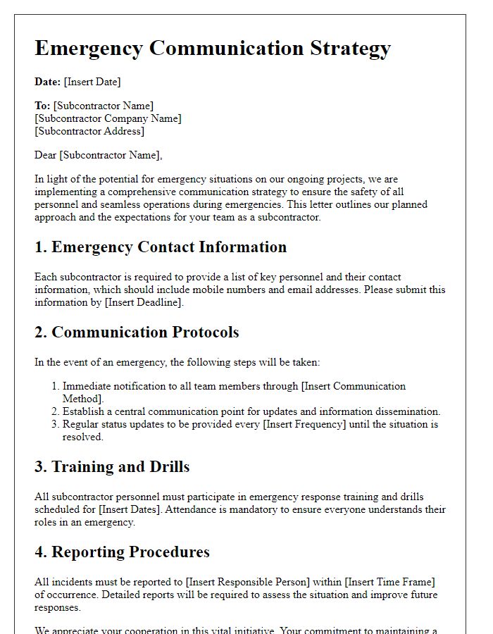 Letter template of subcontractor emergency communication strategy