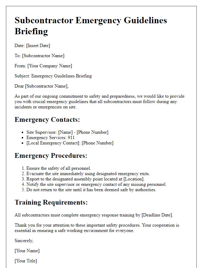 Letter template of subcontractor emergency guidelines briefing