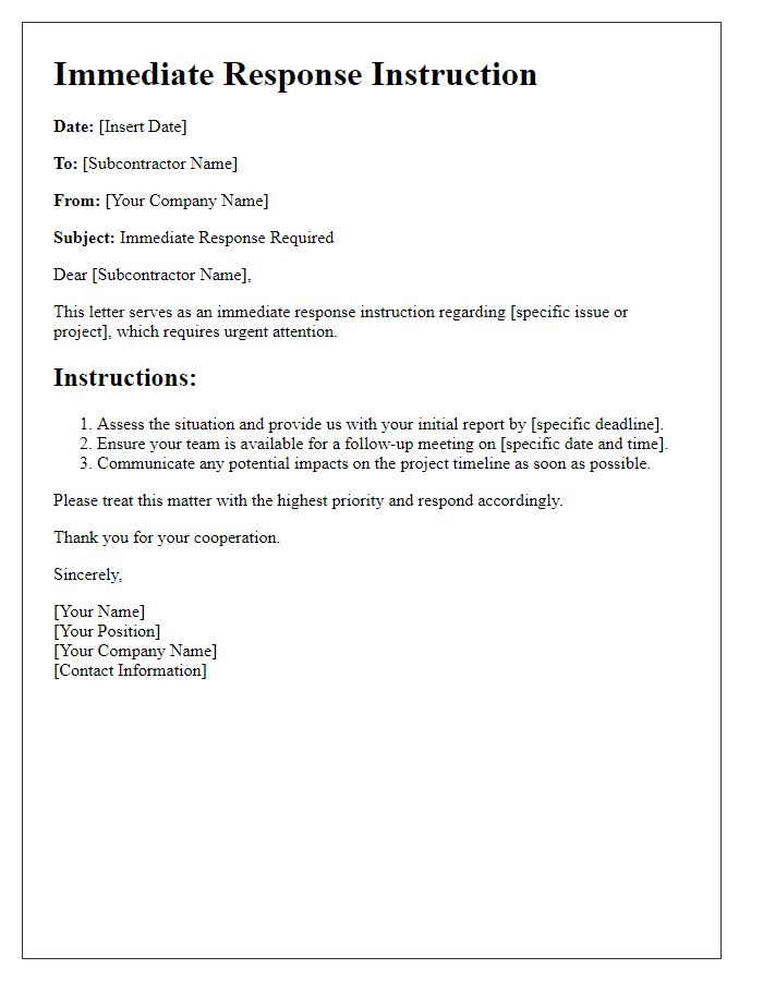 Letter template of subcontractor immediate response instruction