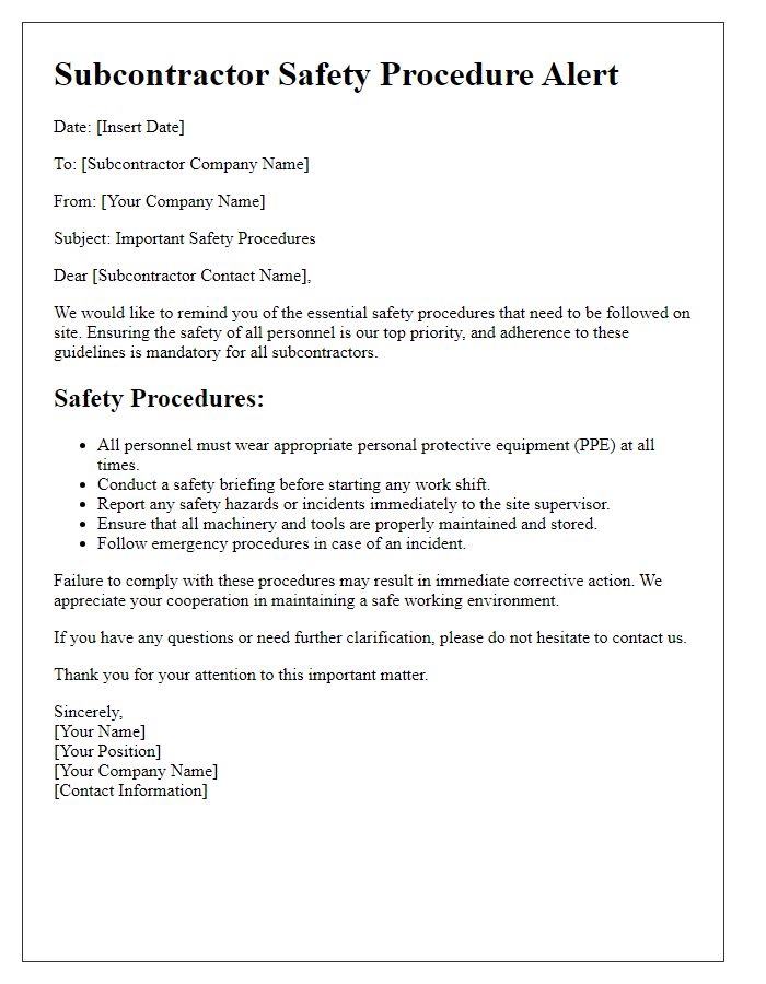 Letter template of subcontractor safety procedure alert