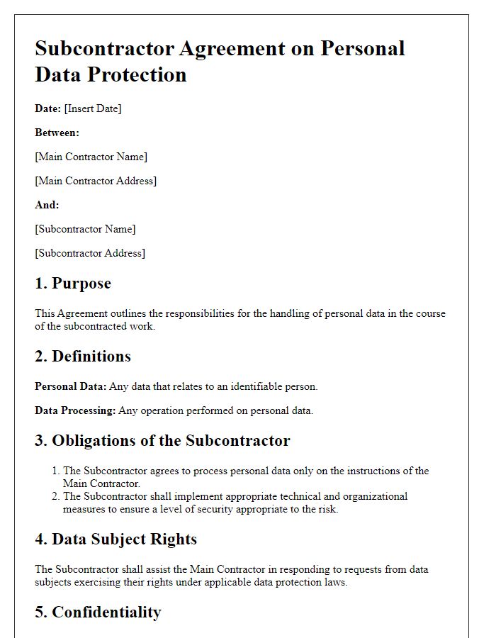 Letter template of subcontractor agreement on personal data protection