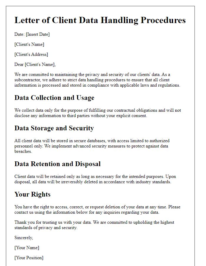 Letter template of subcontractor client data handling procedures