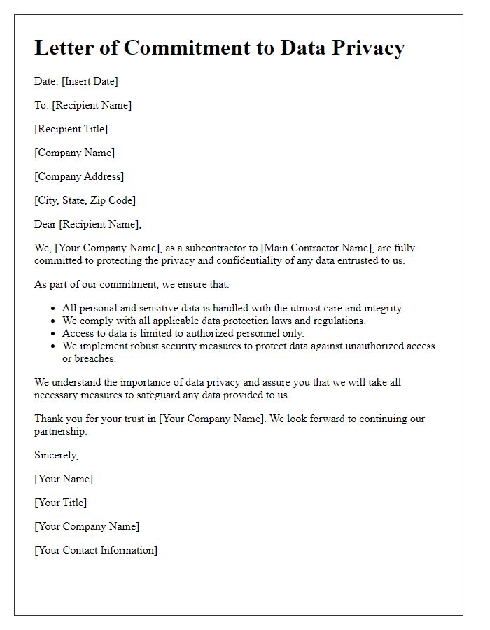 Letter template of subcontractor commitment to data privacy