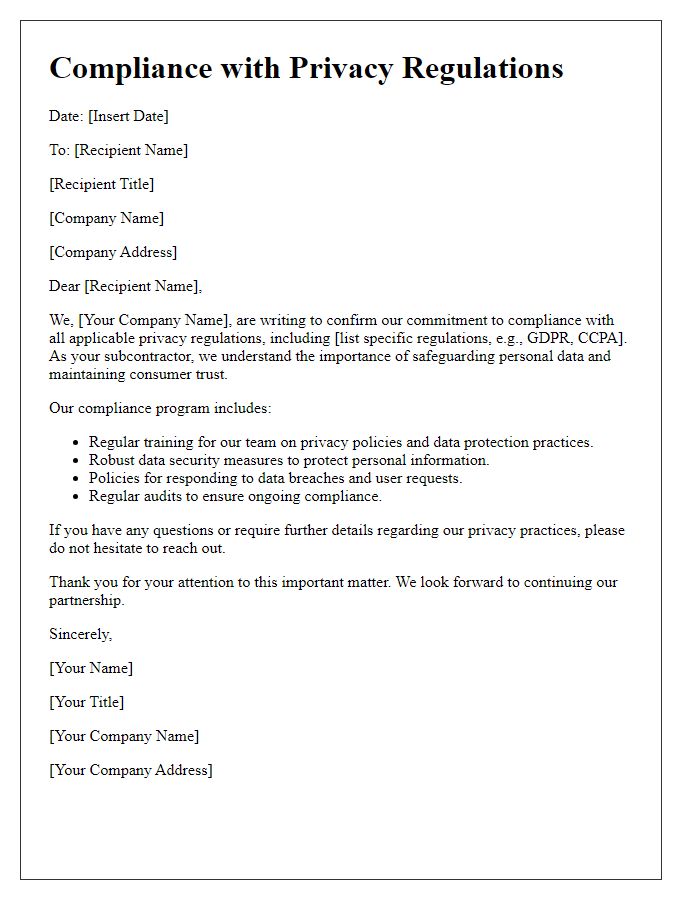 Letter template of subcontractor compliance with privacy regulations