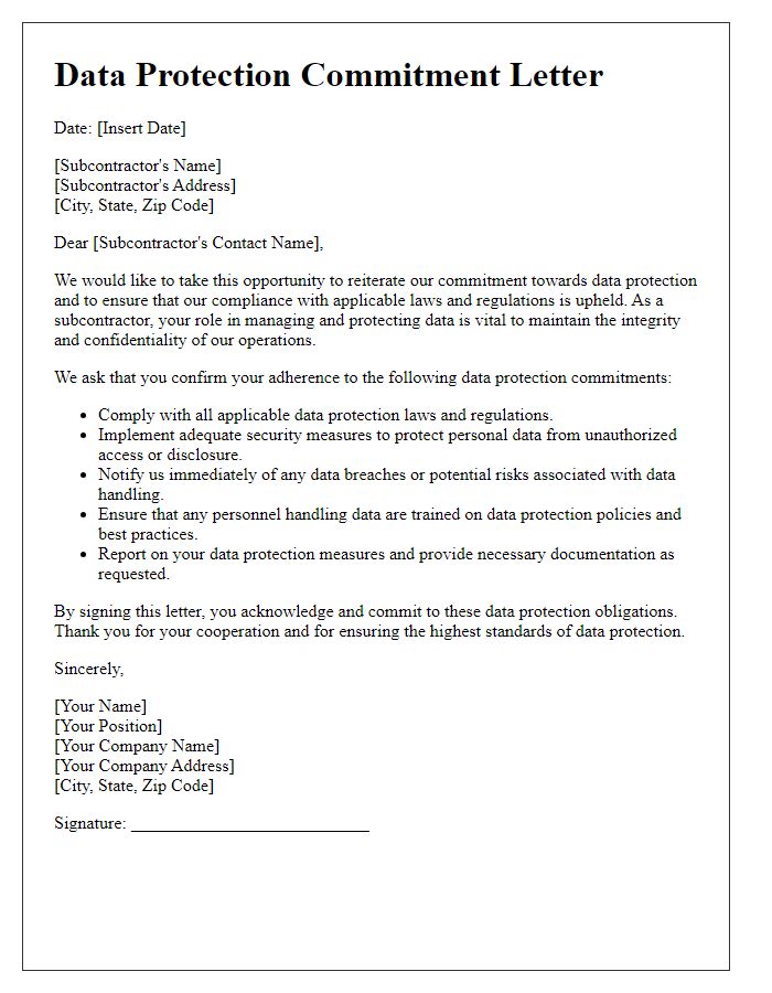 Letter template of subcontractor data protection commitment