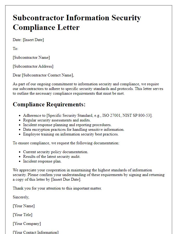 Letter template of subcontractor information security compliance