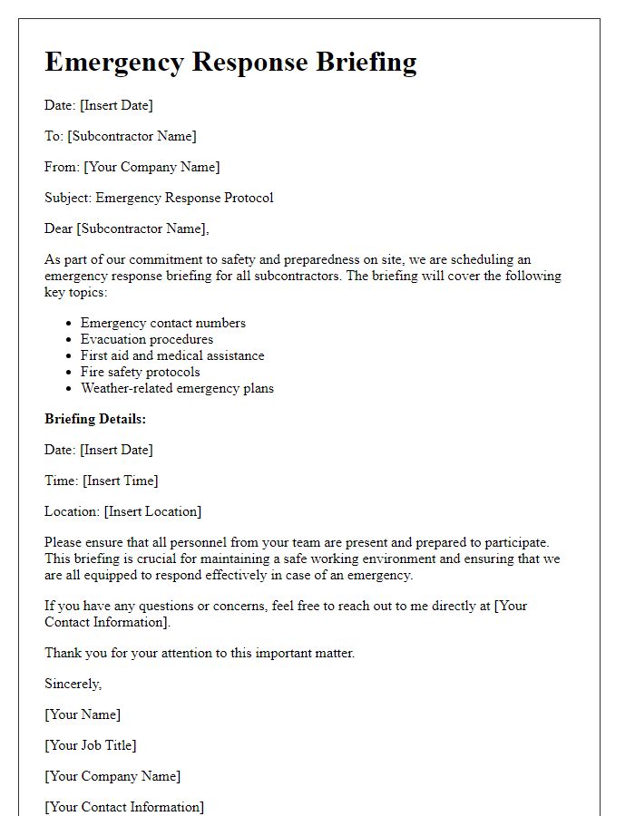 Letter template of subcontractor emergency response briefing