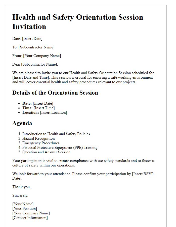 Letter template of subcontractor health and safety orientation session