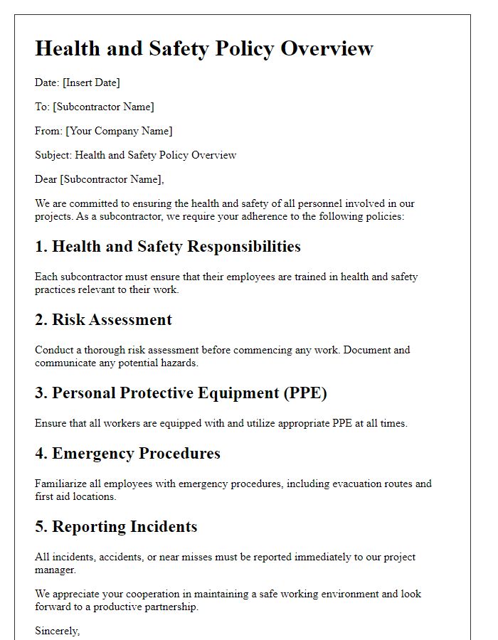 Letter template of subcontractor health and safety policy overview