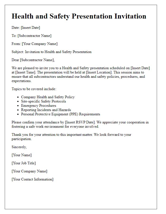 Letter template of subcontractor health and safety presentation