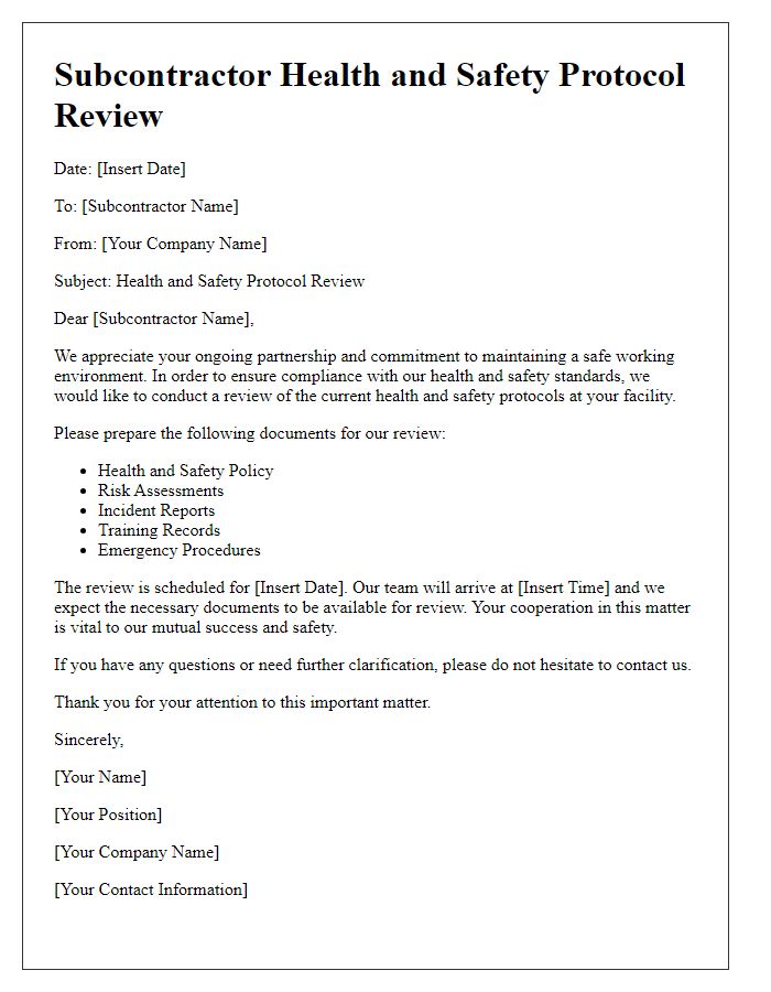 Letter template of subcontractor health and safety protocol review