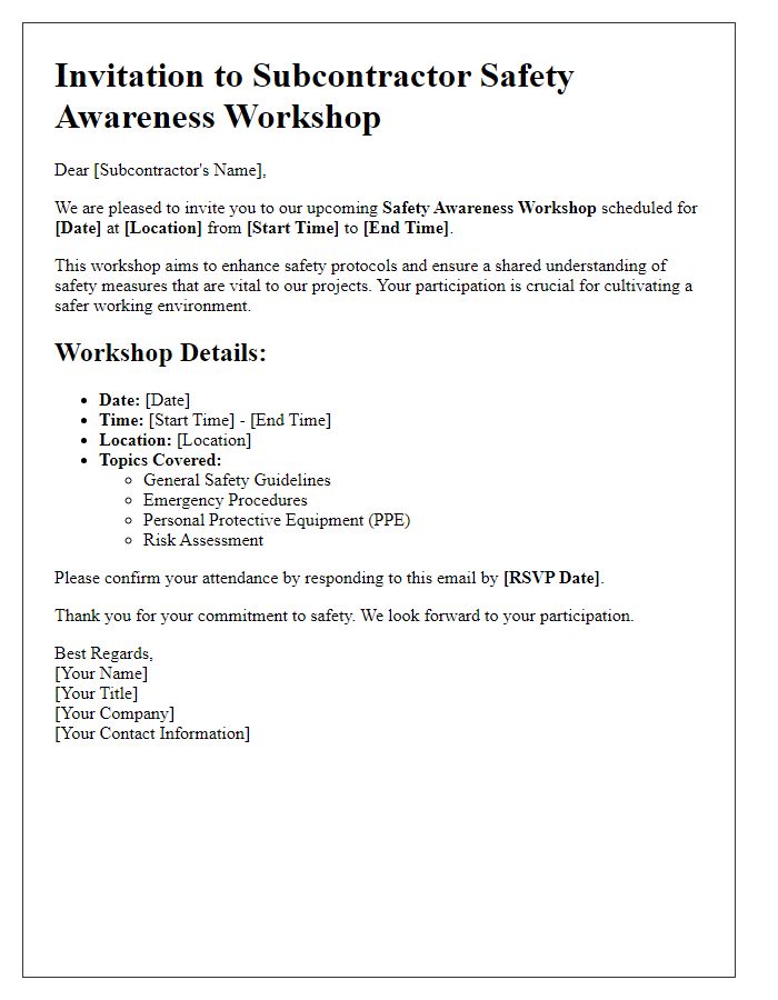 Letter template of subcontractor safety awareness workshop