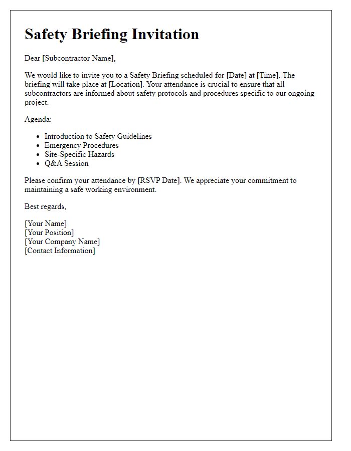 Letter template of subcontractor safety briefing invitation