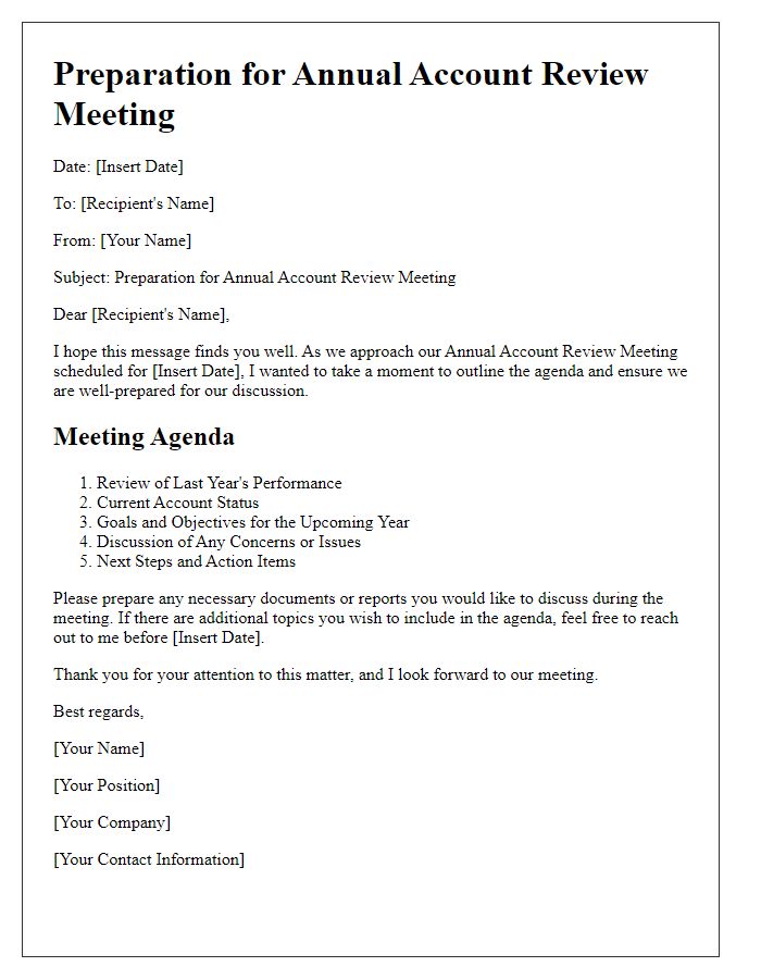 Letter template of Preparation for Annual Account Review Meeting