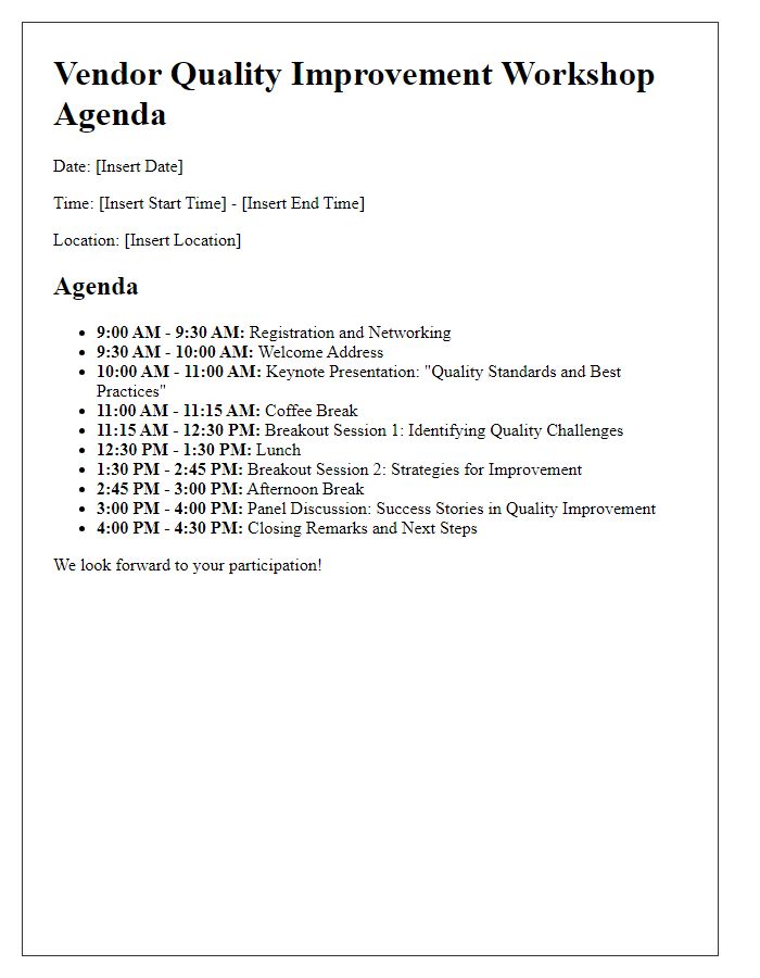 Letter template of agenda for vendor quality improvement workshop