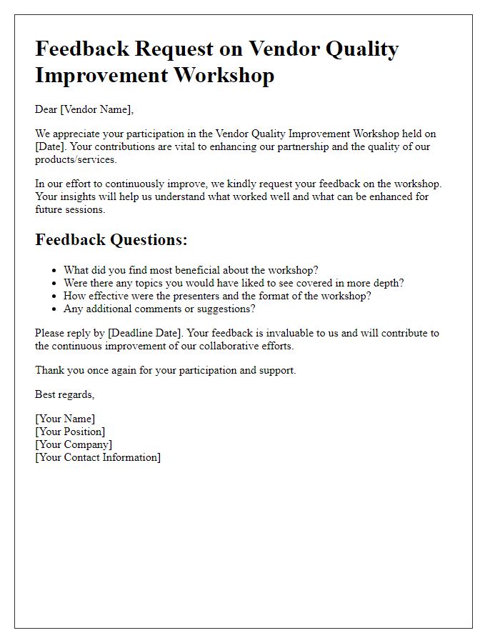 Letter template of feedback request after vendor quality improvement workshop