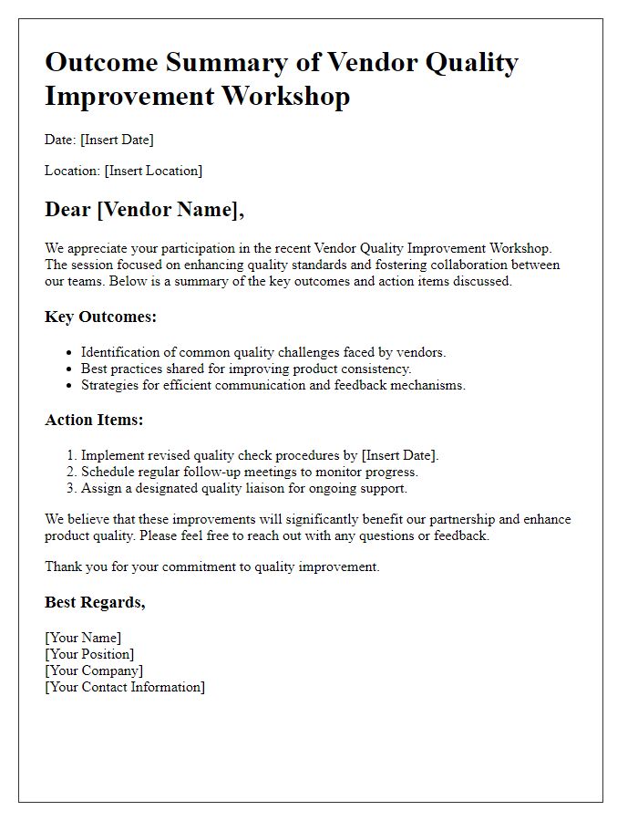 Letter template of outcome summary for vendor quality improvement workshop