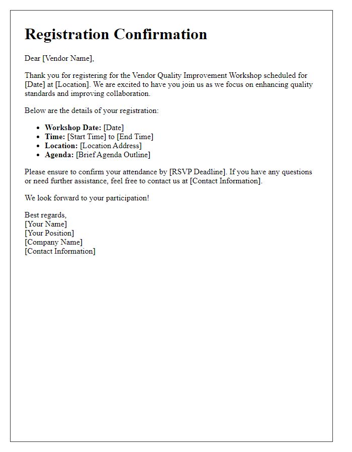 Letter template of registration confirmation for vendor quality improvement workshop