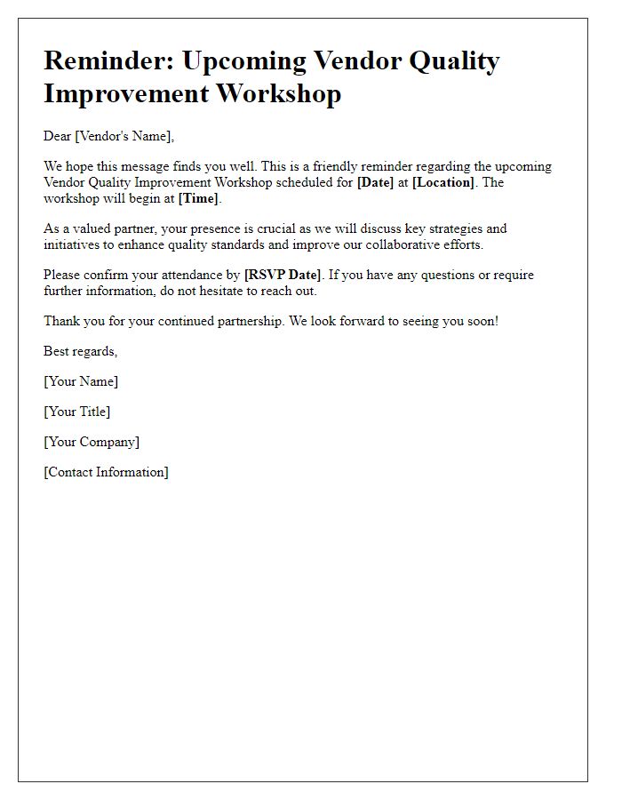 Letter template of reminder for vendor quality improvement workshop