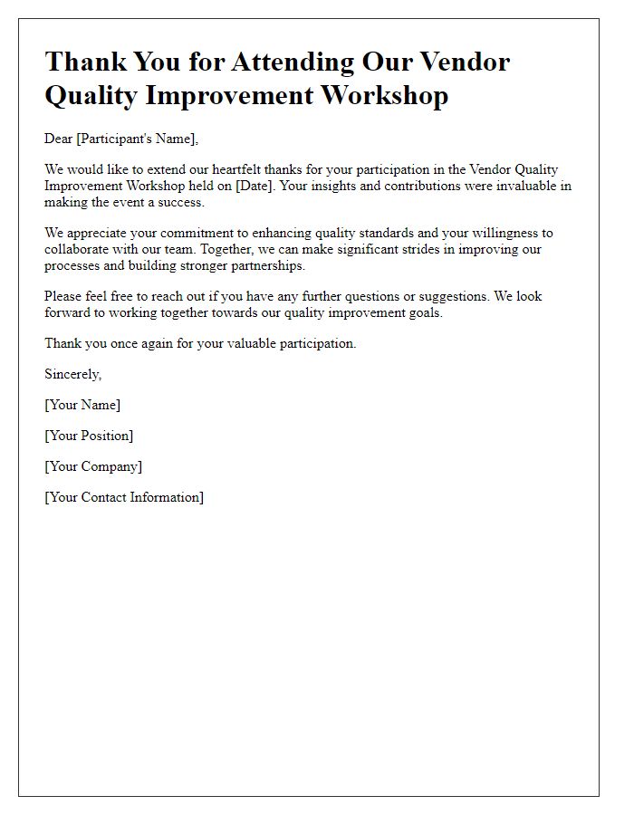 Letter template of thank you to participants of vendor quality improvement workshop