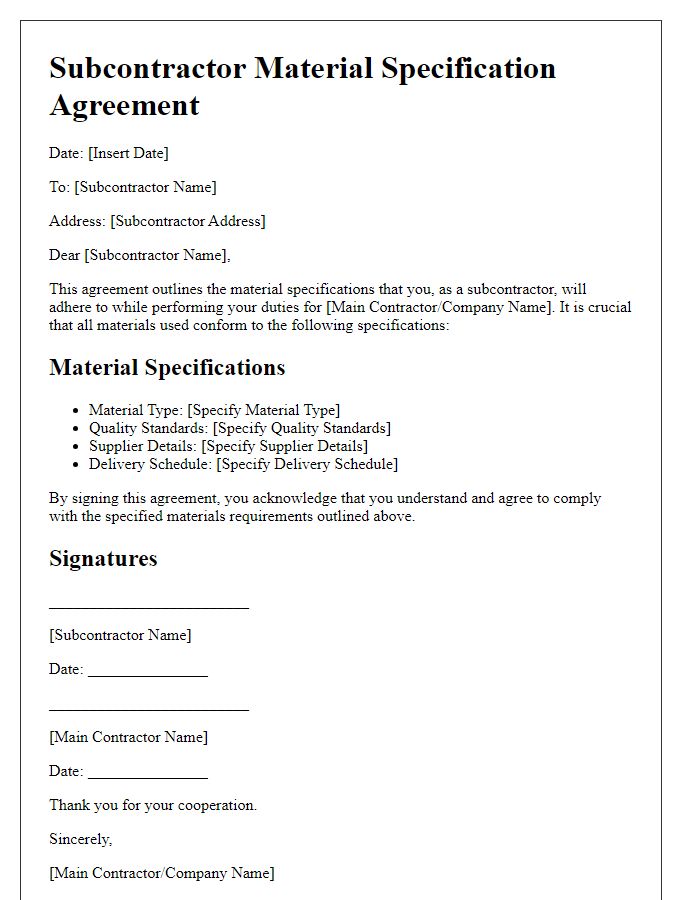 Letter template of subcontractor material specification agreement