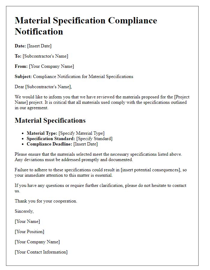 Letter template of subcontractor material specification compliance notification
