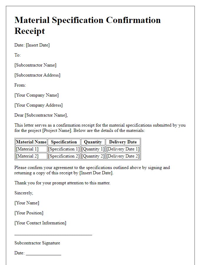 Letter template of subcontractor material specification confirmation receipt