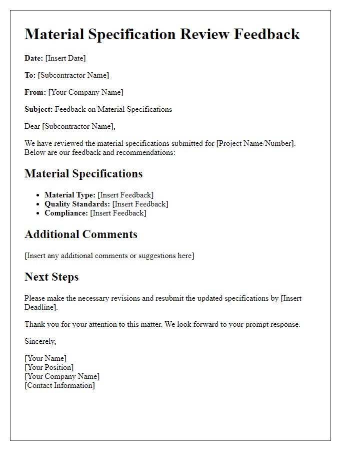 Letter template of subcontractor material specification review feedback