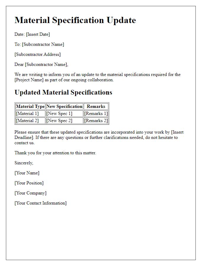 Letter template of subcontractor material specification update