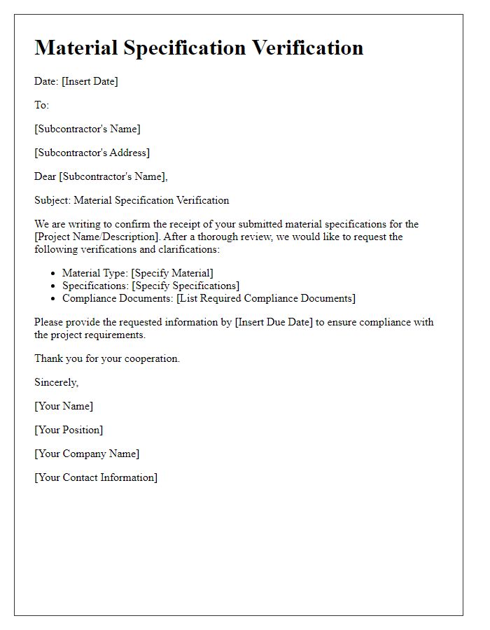 Letter template of subcontractor material specification verification