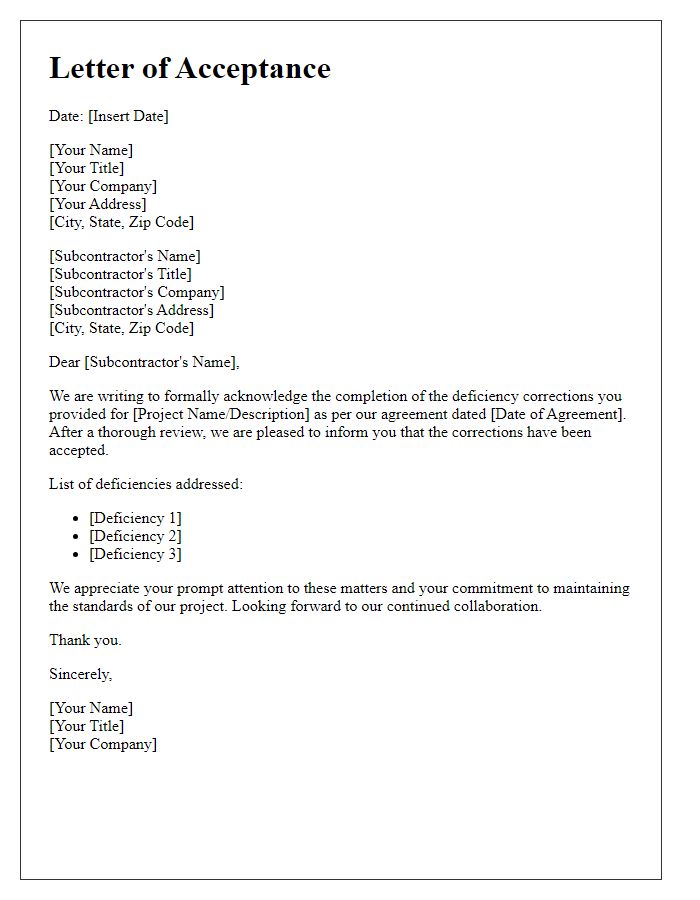 Letter template of acceptance of subcontractor's deficiency corrections