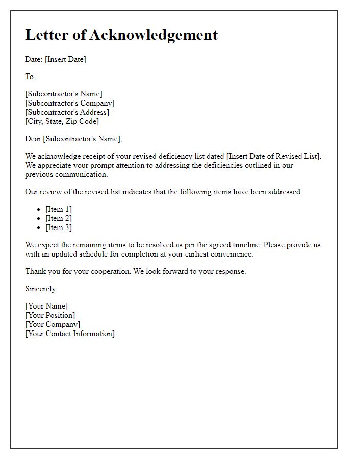 Letter template of acknowledgement of subcontractor's revised deficiency list