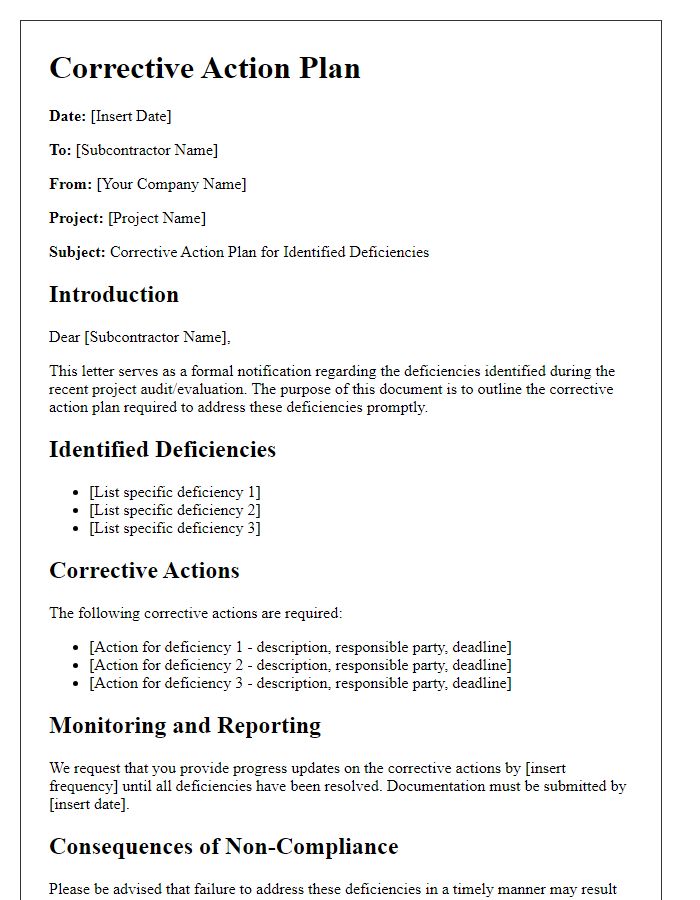 Letter template of corrective action plan for subcontractor deficiencies