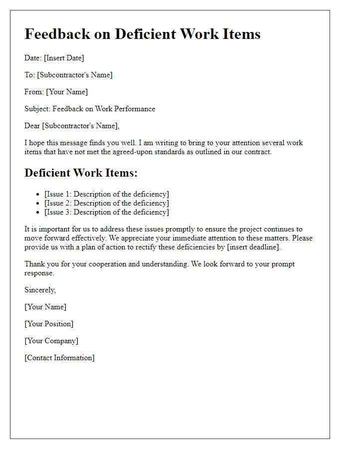 Letter template of feedback on subcontractor's deficient work items